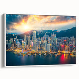 Vintage poster art of Hong Kong skyline in colorful hues on extra large framed canvas, ideal for living room decor.