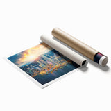 Hong Kong skyline at dusk in muted gray and blue tones on a rolled canvas, suitable for large living room wall art.