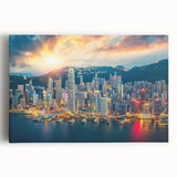 Hong Kong cityscape in black and white on large stretched canvas, suitable for kitchen wall art.