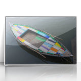 Art deco poster of an Indian scenery in muted earth tones on a white acrylic framed print.