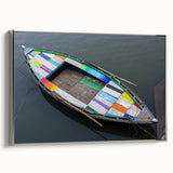 Landscape art painting of an Indian scenery in vibrant colors on a silver-framed canvas, ideal for living room decor.