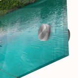 Large abstract wall art featuring a mid-century modernist style Indonesian landscape in vibrant earth tones on acrylic glass.