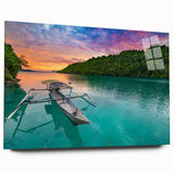 Large abstract acrylic print of a serene Indonesian landscape in muted green and blue tones.