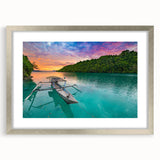 Abstract textured art print depicting a serene Indonesian landscape in muted earth tones, framed in silver.