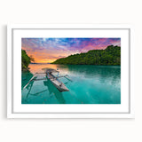 Abstract art print depicting a serene Indonesian landscape in muted earth tones on a framed white mat.