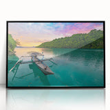 Large abstract wall art depicting an Indonesian landscape in muted earth tones, framed in black acrylic.