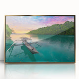 Large art print of a serene Indonesian landscape in muted greens and blues on a framed acrylic.