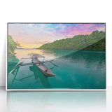 Acrylic print of a serene Indonesian landscape in muted green and blue tones, ideal for modern art wall decor.