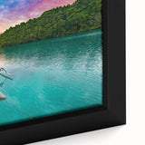 Extra large framed canvas depicting a textured, colorful Indonesian landscape on a black background.
