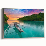 Landscape art painting of Indonesian scenery on framed canvas, featuring vibrant colors against a black background.