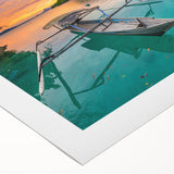 Art Deco poster of an Indonesian landscape in muted green and blue tones on rolled canvas, suitable for dining room decor.