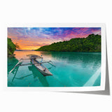 Extra large rolled print of a serene Indonesian landscape with vibrant green and blue tones, ideal for dining room wall art.