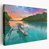 Large art of an Indonesian landscape on stretched canvas, featuring lush greenery and a mountain backdrop.