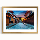 Extra large abstract art print of a Kyoto scenery in textured style with gold frame, suitable for living room decor.