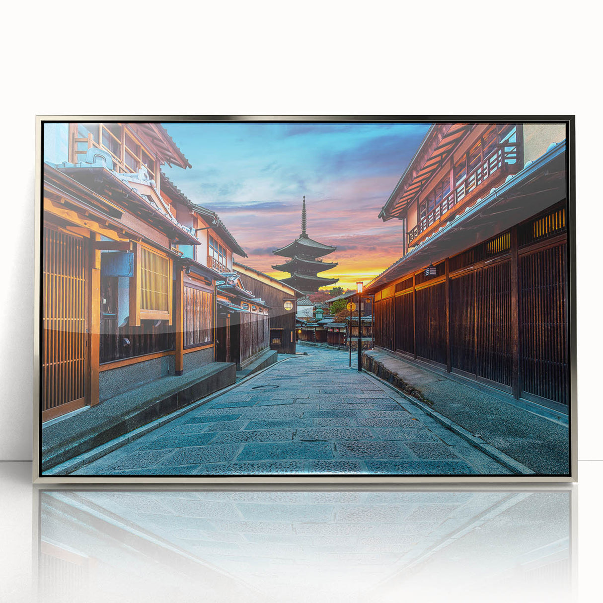 Mid-century modernist art depicting a serene Kyoto landscape in muted earth tones on a framed acrylic print.