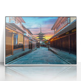 Art deco style poster of Kyoto scenery, featuring muted pastel colors on a framed acrylic, suitable for modern nursery decor.