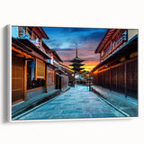 Vintage poster art of Kyoto scenery, vibrant colors on a large framed canvas, ideal for living room decor.