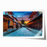 Kyoto landscape with cherry blossoms in soft pink and white on a rolled canvas print, ideal for dining room wall art.