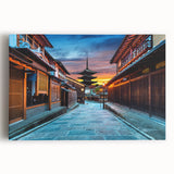 Black and white ink-style illustration of Kyoto scenery on large stretched canvas, ideal for kitchen wall art.