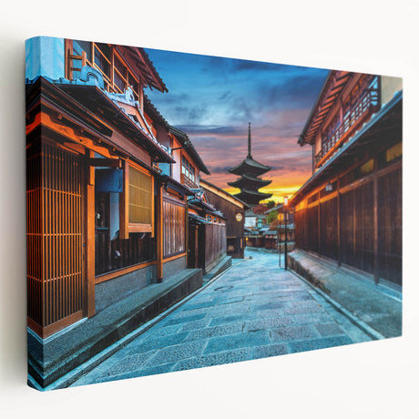Large canvas print of a serene Kyoto landscape in soft green and blue tones, ideal for kitchen wall art.