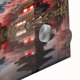 Mid-century modernist depiction of Mount Fuji in muted grays and blues on a large acrylic glass, ideal for dining room art.