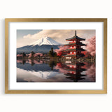 Extra large wall art featuring an abstract depiction of Mount Fuji in textured shades of blue and white on a gold-framed…