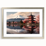 Textured art of Mount Fuji in muted blues and grays, framed with a silver mat, suitable for bedroom decor.
