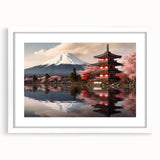 Abstract art print of Mount Fuji in muted blue and white tones on a framed canvas, suitable for bedroom or dining room decor.
