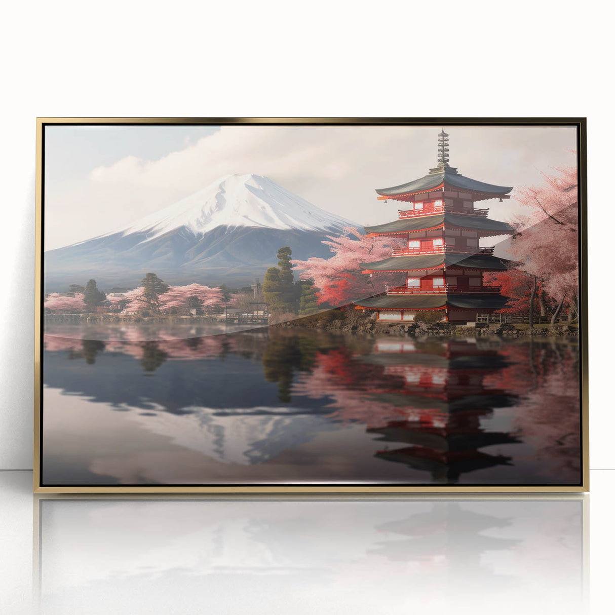 Large art print of Mount Fuji in muted blue and white tones, framed in gold acrylic, ideal for modern art wall decor.
