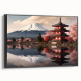 Black and white framed canvas of Mount Fuji, in a vintage poster style, ideal for bedroom wall art.