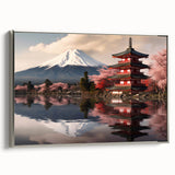 Landscape art painting of Mount Fuji with vintage poster style in colorful palette on a framed canvas.