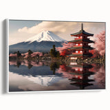 Vintage poster art of Mount Fuji with vibrant sunset colors on a framed canvas, ideal for extra large living room wall decor.