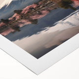 Art deco poster of Mount Fuji in muted blues and greens on rolled canvas, suitable for dining room decor.