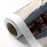 Art Deco poster of Mount Fuji with soft pastel colors on a rolled canvas, ideal for nursery wall art.