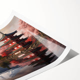 Extra large wall art featuring Mount Fuji with floral line art flowers in soft pastel shades.