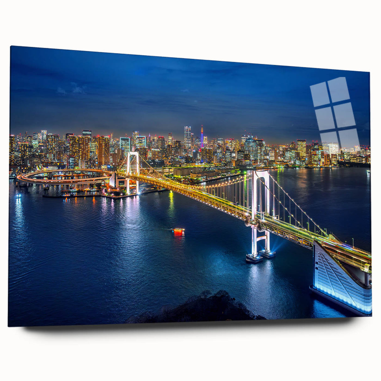 Large abstract wall art of Tokyo skyline in muted gray and blue tones on acrylic glass.