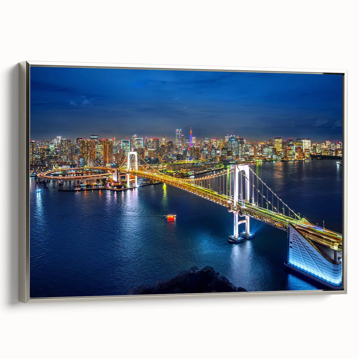 Framed canvas of Tokyo landscape art painting in black with colorful accents, suitable for living room decor.