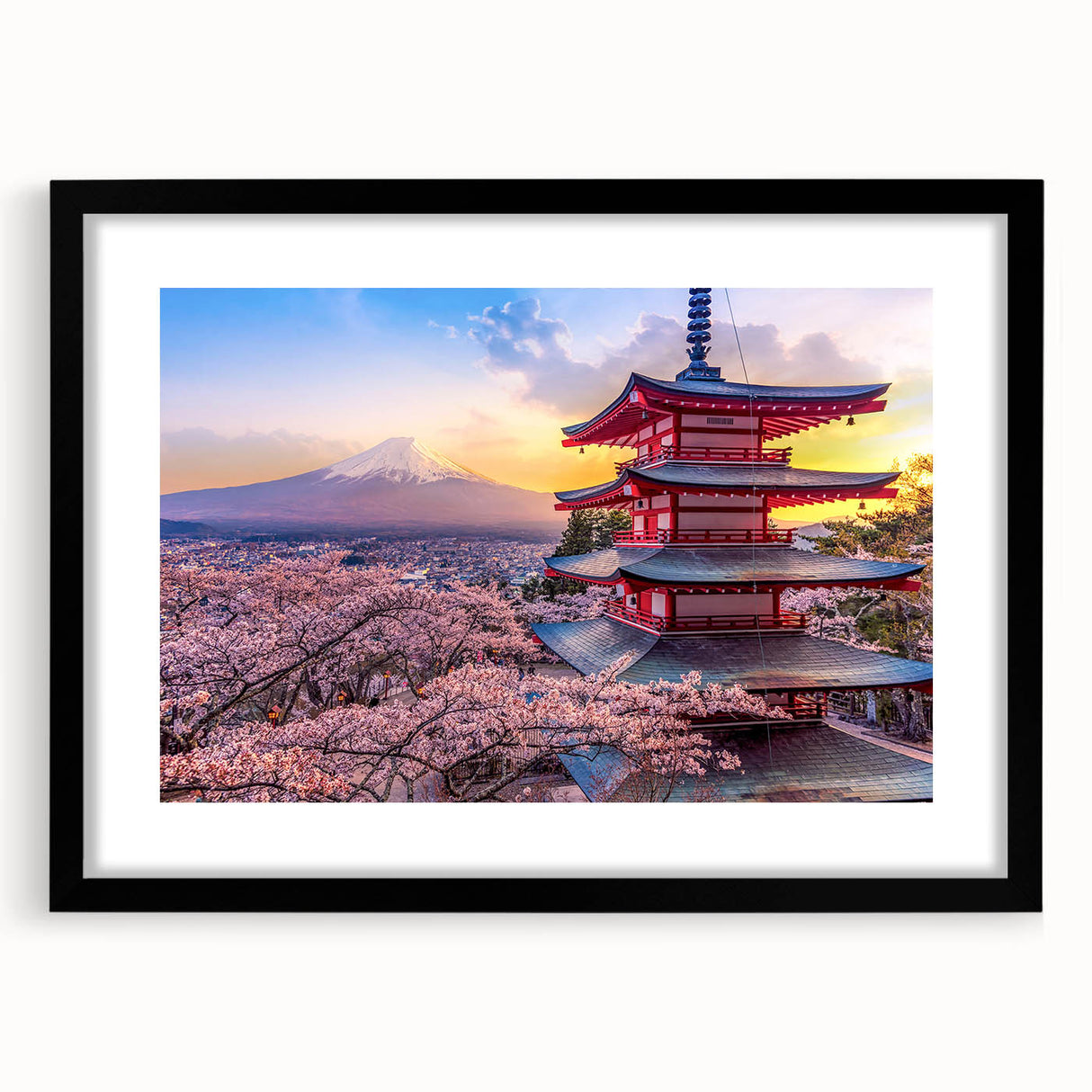 Extra large abstract art print of a vibrant, colorful Japanese landscape on textured canvas, framed in black.