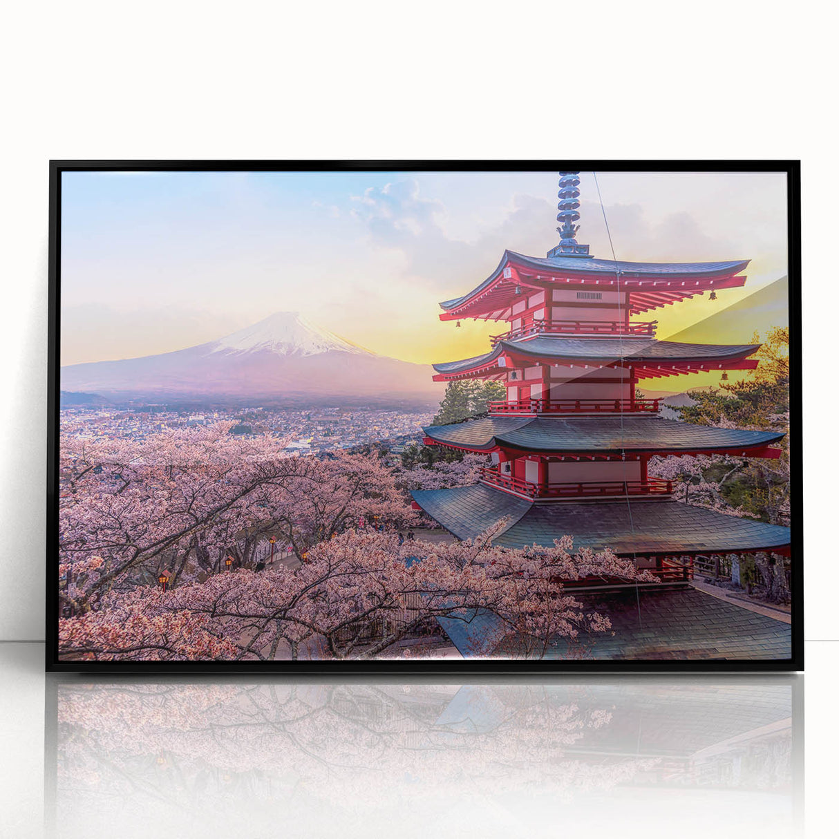 Large abstract wall art depicting a stylized Japanese landscape in muted earth tones on a framed acrylic panel.