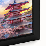 Extra large framed canvas featuring a textured depiction of a Japanese scenery in muted black and colorful accents.