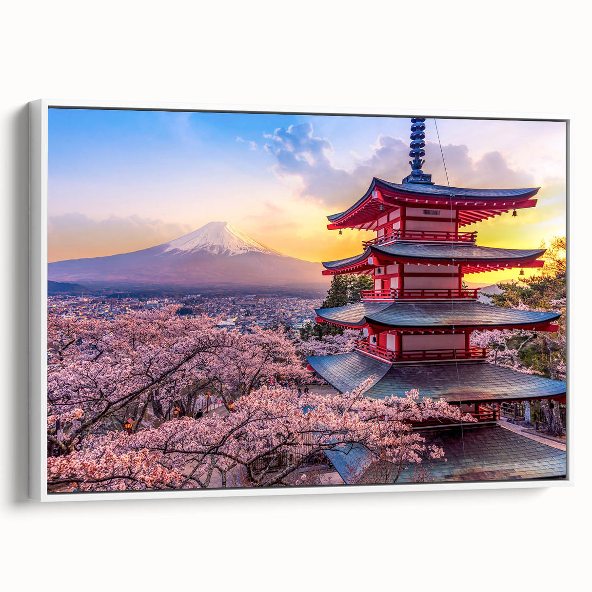 Vintage poster art featuring a colorful Japanese scenery on a large framed canvas, ideal for living room decor.