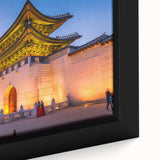 Extra large framed canvas featuring a textured depiction of a Korean scenery in black with colorful art accents.