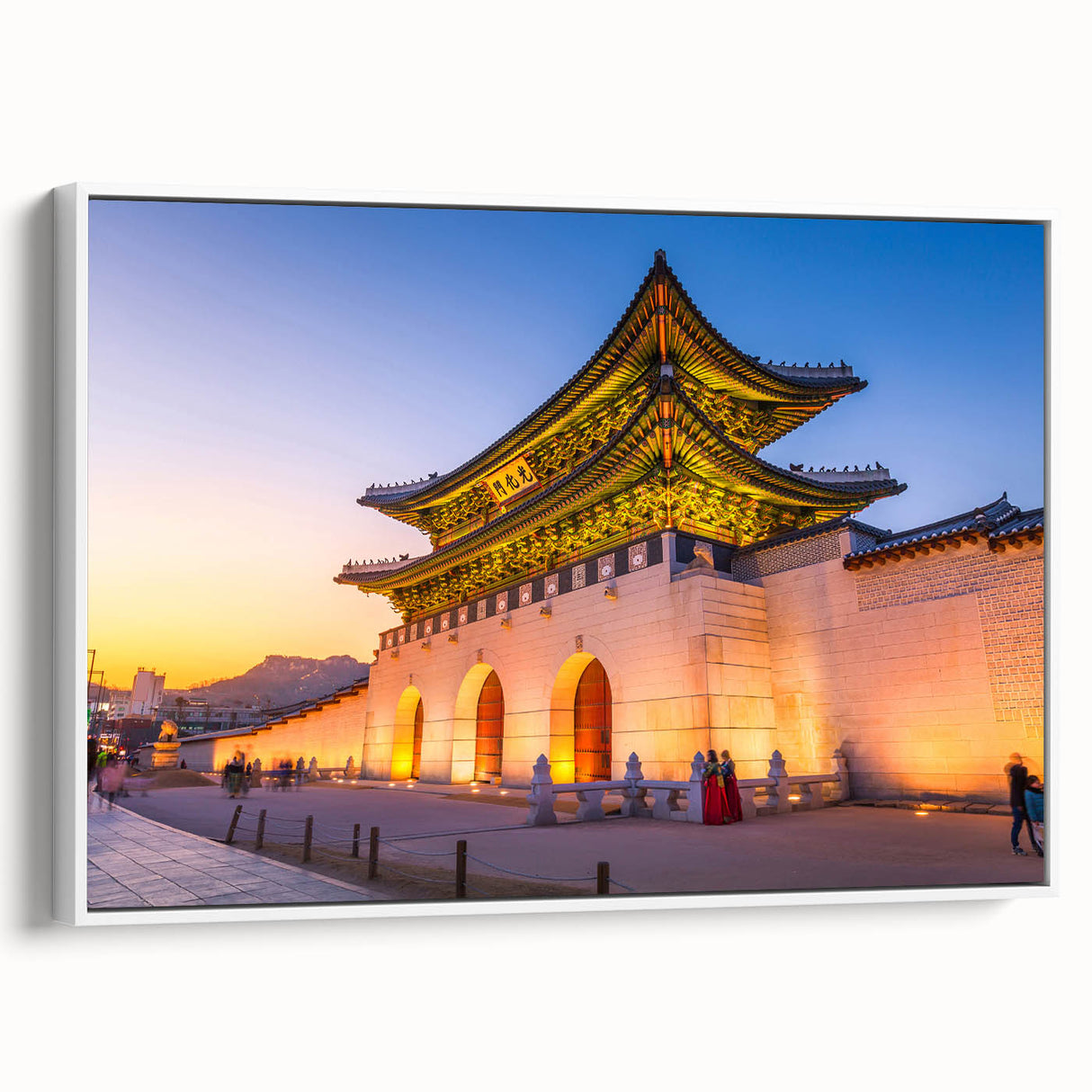Framed canvas vintage poster art of a Korean landscape in muted pastel colors, ideal for living room decor.