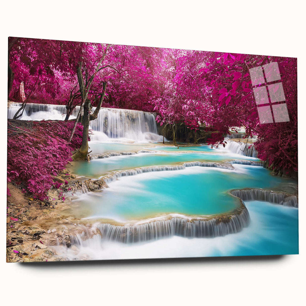 Large abstract wall art on acrylic glass depicting a serene Laos scenery in soft blue and green tones.