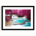 Extra large, abstract art print of a colorful, textured Laos scenery on a black framed canvas, ideal for living room decor.