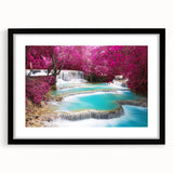 Extra large, abstract art print of a colorful, textured Laos scenery on a black framed canvas, ideal for living room decor.