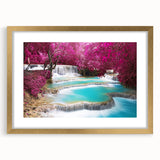 Extra large abstract art print featuring textured scenery of Laos in muted earth tones, framed in gold.