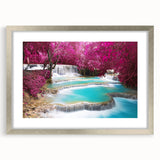 Textured abstract art print of a Laos scenery in muted earth tones, framed in silver, ideal for bedroom art.