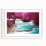 Abstract art print of a Laos scenery in muted earth tones on a white matted frame, suitable for dining room decor.