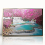 Large art print of a Laos scenery in mid-century modernist style, acrylic frame with gold accents.